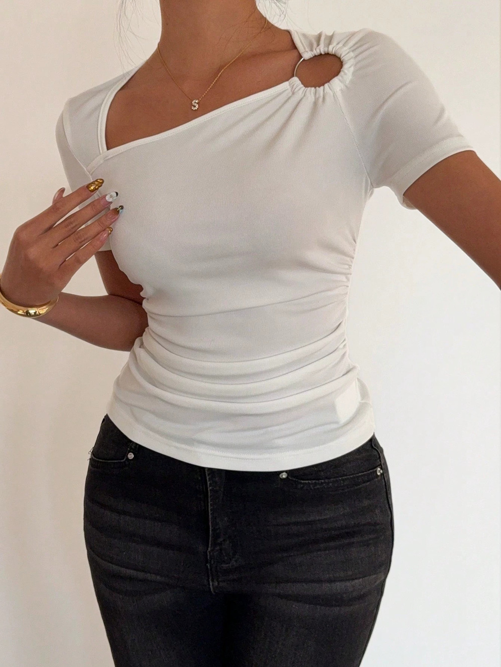 ZARA Chic Summer Solid Color Slim Fit Waist Cinched Short Sleeve Top